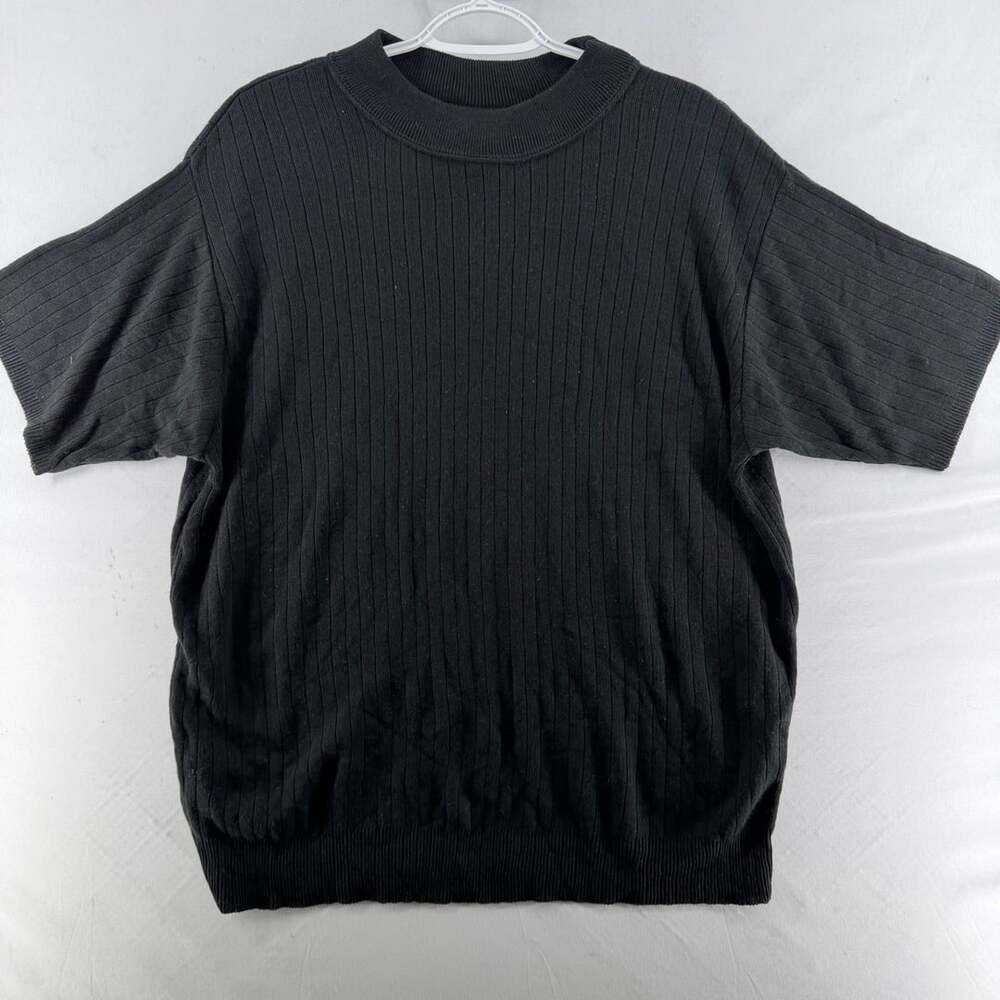 Sag Harbor Ribbed Knit Short Sleeve Black Sweater